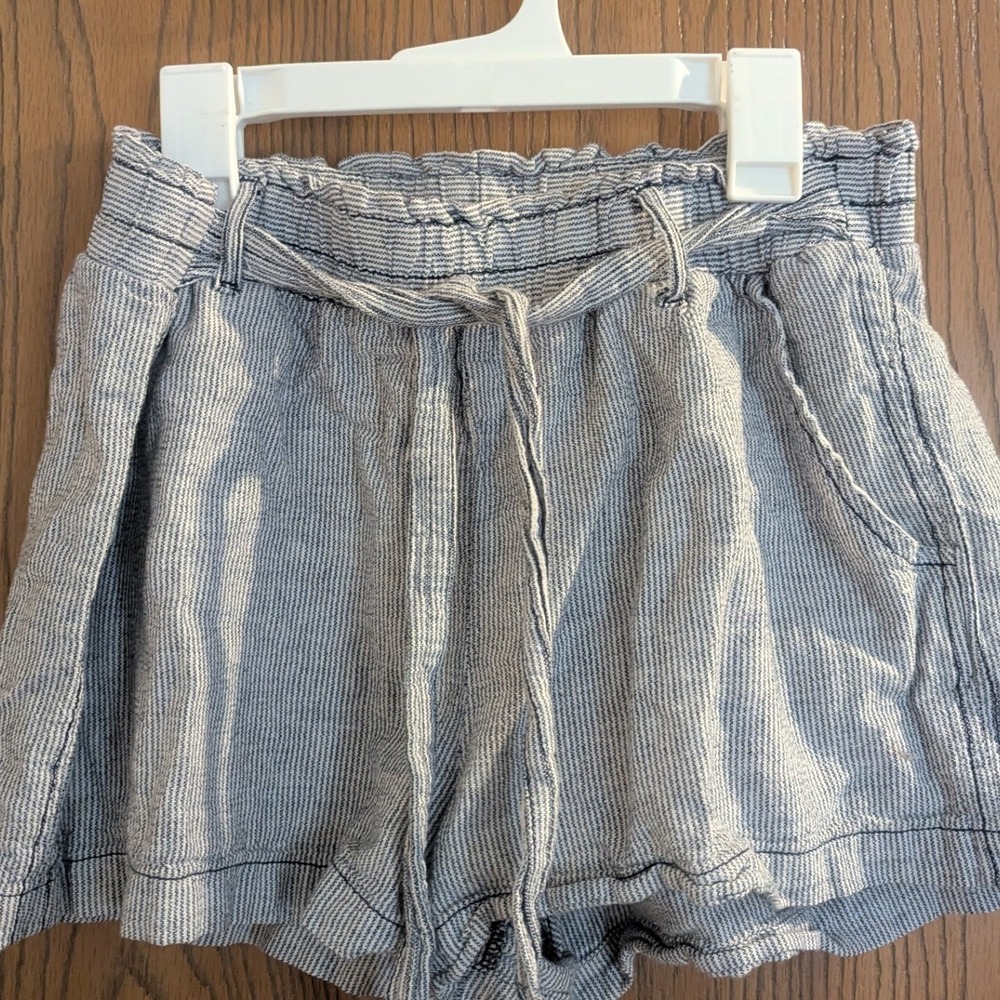 April Kiss Linen Blend Striped Paperbag Waist Shorts Nautical Blue White Large